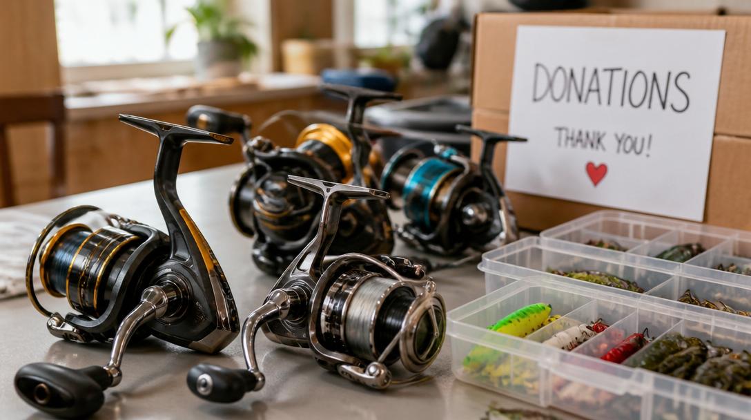 Clean fishing reels and tackle organized for donation